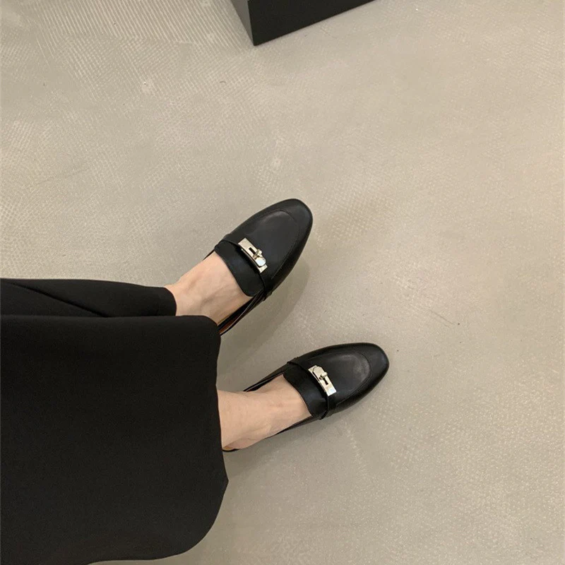 DEANWANGKT  Closed Toe Half Slippers Women's Summer Outdoor Mules  New Horsebit Buckle Flat Shoes Genuine Leather Internet Celebrity Lazy Sandals - Deanwangkt