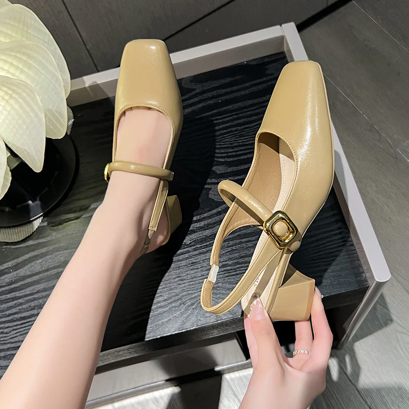 DEANWANGK  Chunky Heel Closed Toe Sandals Women's  New Style Back Empty Buckle High Heel Women's Sandals Square Toe Low-Cut Mary Jane Shoes - Deanwangkt