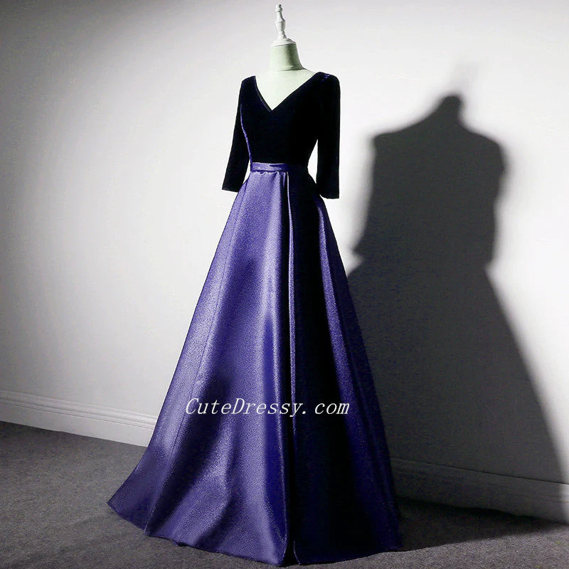 Solvbao Purple Satin with Velvet Long Party Dress Formal Dress, Purple Evening Dresses - Deanwangkt