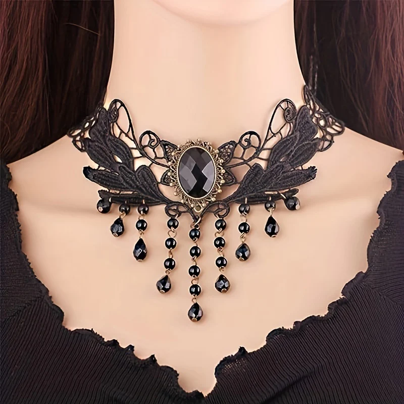 5pc Gothic Steampunk Choker Necklaces Set For Women Elegant Pedant Design Black Lace Collar Necklace Jewelry, Punk Style Festive Costume Accessories - Deanwangkt
