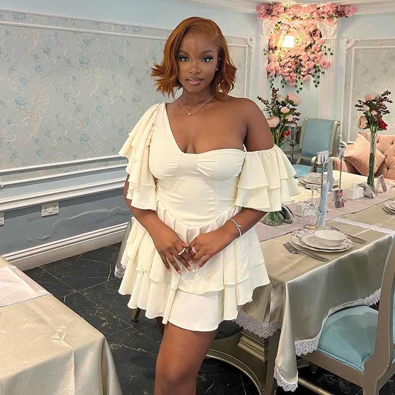 2025 DEANWANGKT   New  slash shoulder tube top pleated lotus leaf sleeve dress women's irregular design skirt - Deanwangkt