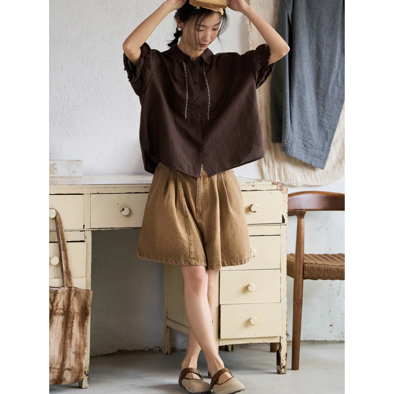 Japanese literary cotton and linen embroidered short-sleeved shirt women's summer design sense loose and thin shirt top - Deanwangkt