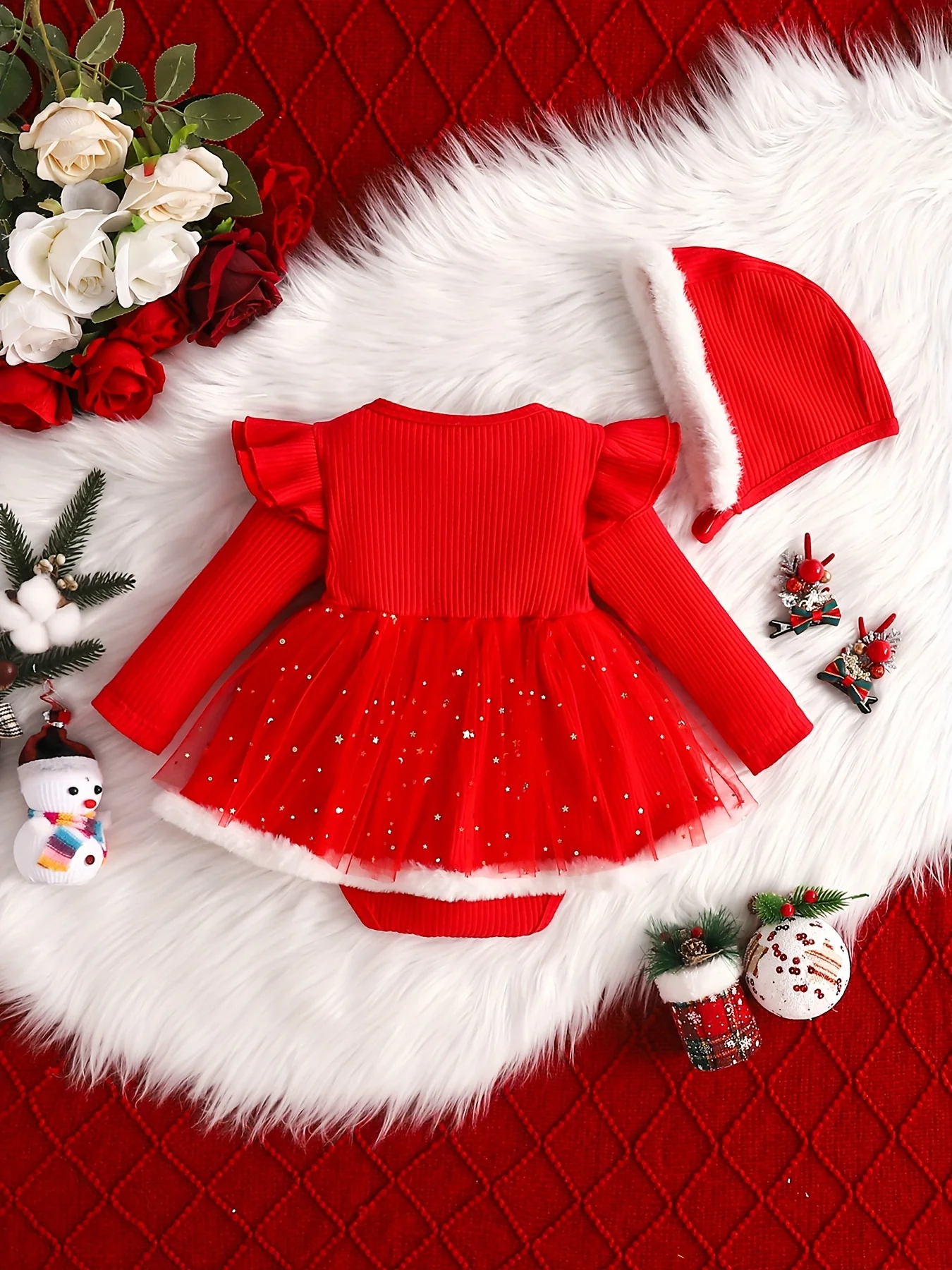Baby's Christmas Style Fuzzy Trim Ruffled Long Sleeve Romper Dress, Toddler & Infant Girl's Onesie For Winter Festival Party & Outdoor Play - Deanwangkt