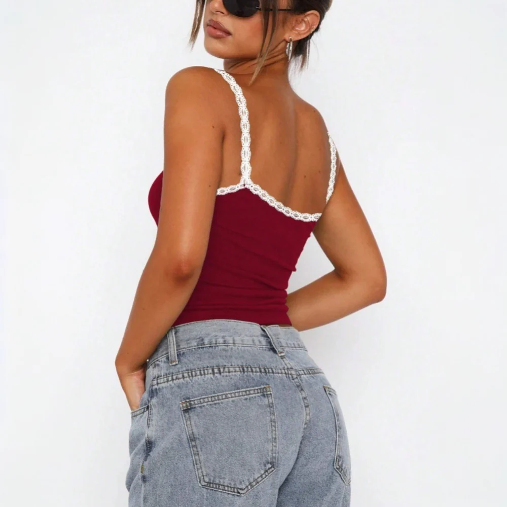 spring and summer new international station New women's clothing versatile  style sling vest lace lace short top - Deanwangkt