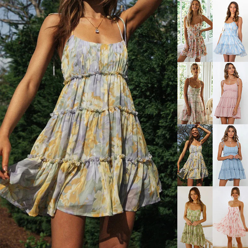 2023   New Summer European and American Vacation Style Sexy Printing Slip Dress - Deanwangkt