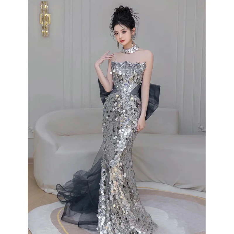2025 Fishtail banquet evening dress 2025 spring new tube top sequins fishtail fairy temperament fishtail skirt manufacturer supply - Deanwangkt