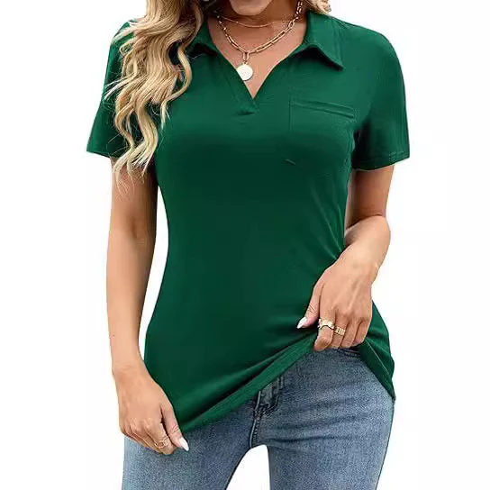 DEANWAQNGKT  Spring and Summer New   Cross Border Foreign Trade Solid Color Short Sleeve Lapel Pocket Loose-Fitting T-shirt Top Women - Deanwangkt