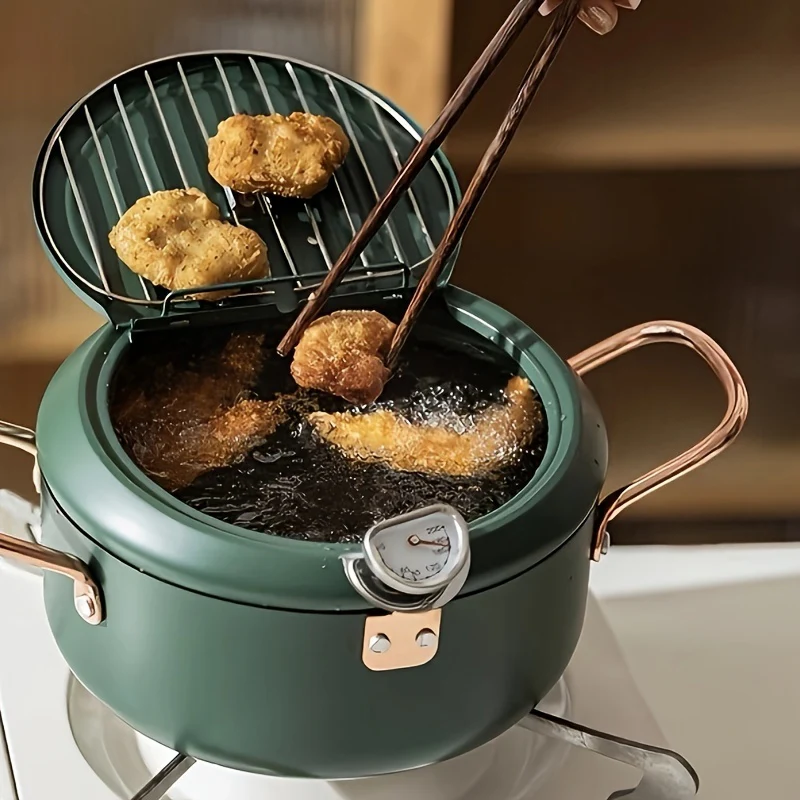 1pc Large Green Tempura Deep Fryer Pan - Non-Stick Carbon Steel with Fahrenheit Thermometer for Perfect Tempura, Chicken, Fish, Shrimp - Easy Cleaning, Durable, Space-Saving Design for Home Kitchen - Deanwangkt
