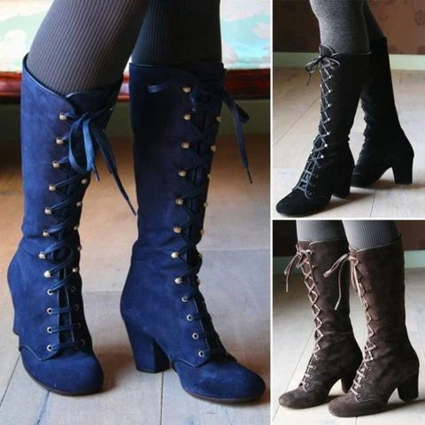 Tall Knight Boots Fashion Suede Lace-up Autumn and Winter round Head Chunky Heel Wish  High Boots, Female - Deanwangkt