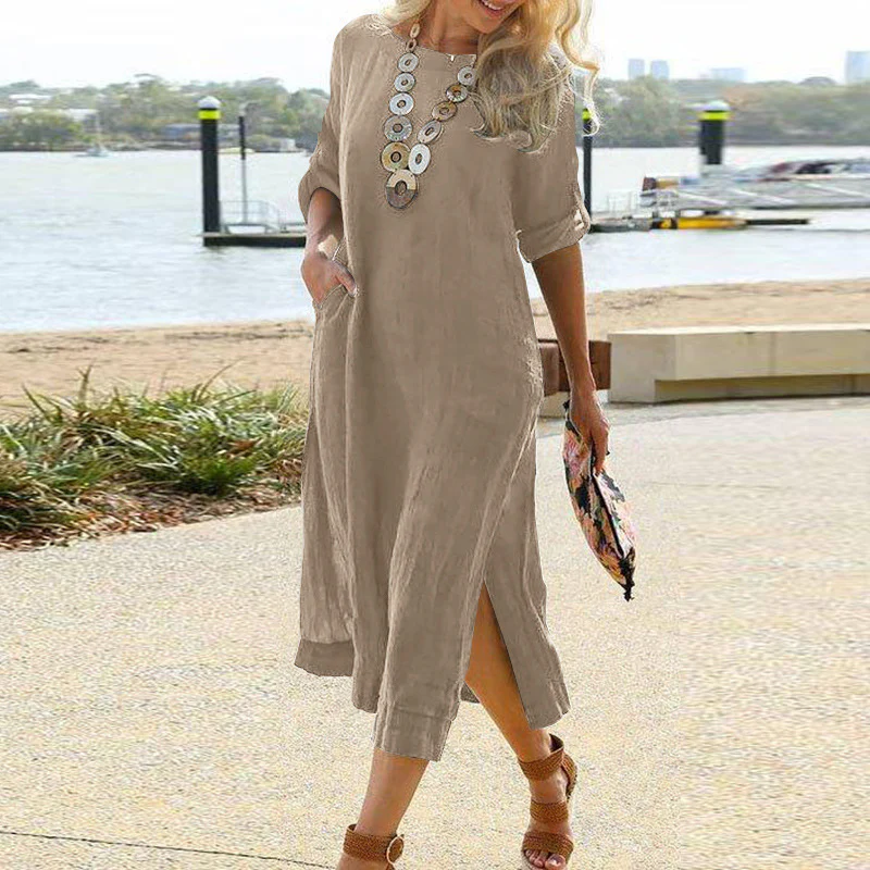 DEANWANGKT EBay  European and American Leisure Retro Long Shirt Dress Long Sleeve Slit Hemline at Hem Maxi Dress - Deanwangkt