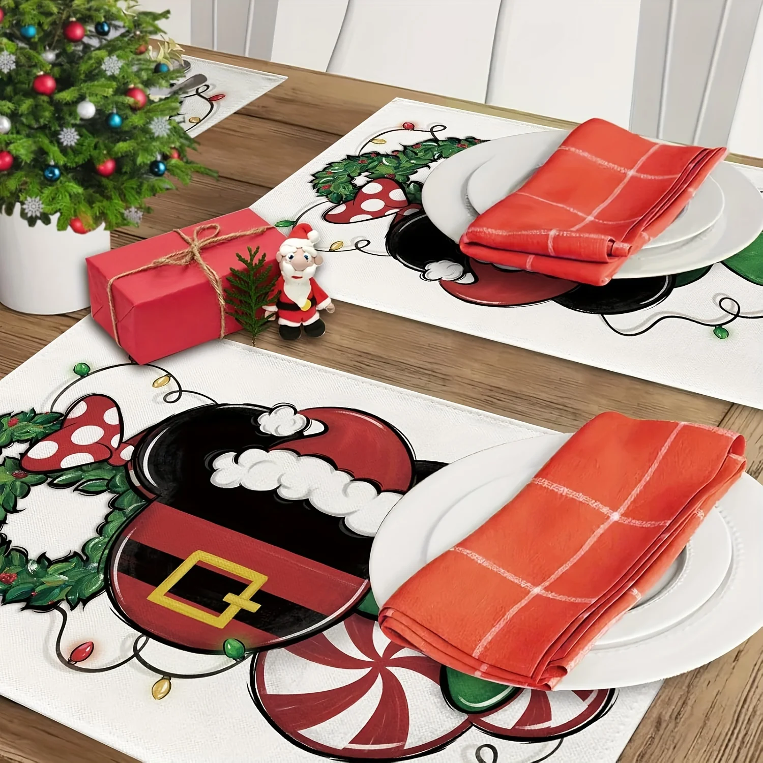 4pcs, Christmas Cartoon Mouse Santa Placemats Set of 4, Xmas Wreath Peppermint Candy Dining Place Mats Table Decor, Funny Holiday Home Kitchen Decoration 12 x 18 Inch - Deanwangkt