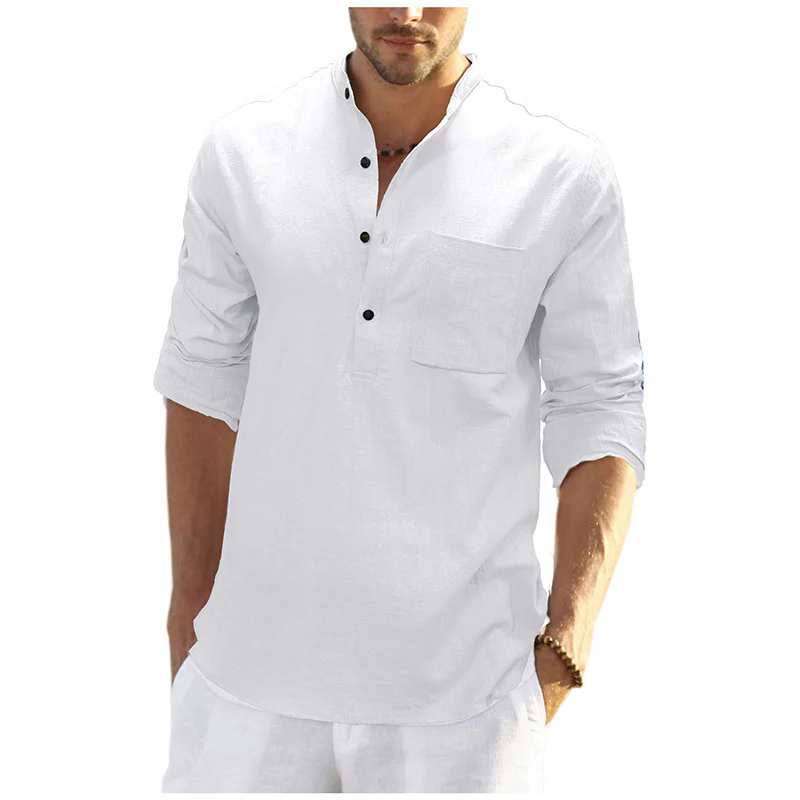 DEANWANGKT 2025 men's clothing  autumn and winter cotton and linen shirts, Popular trade long-sleeved Henry collar tops, loose men's linen shirts - Deanwangkt