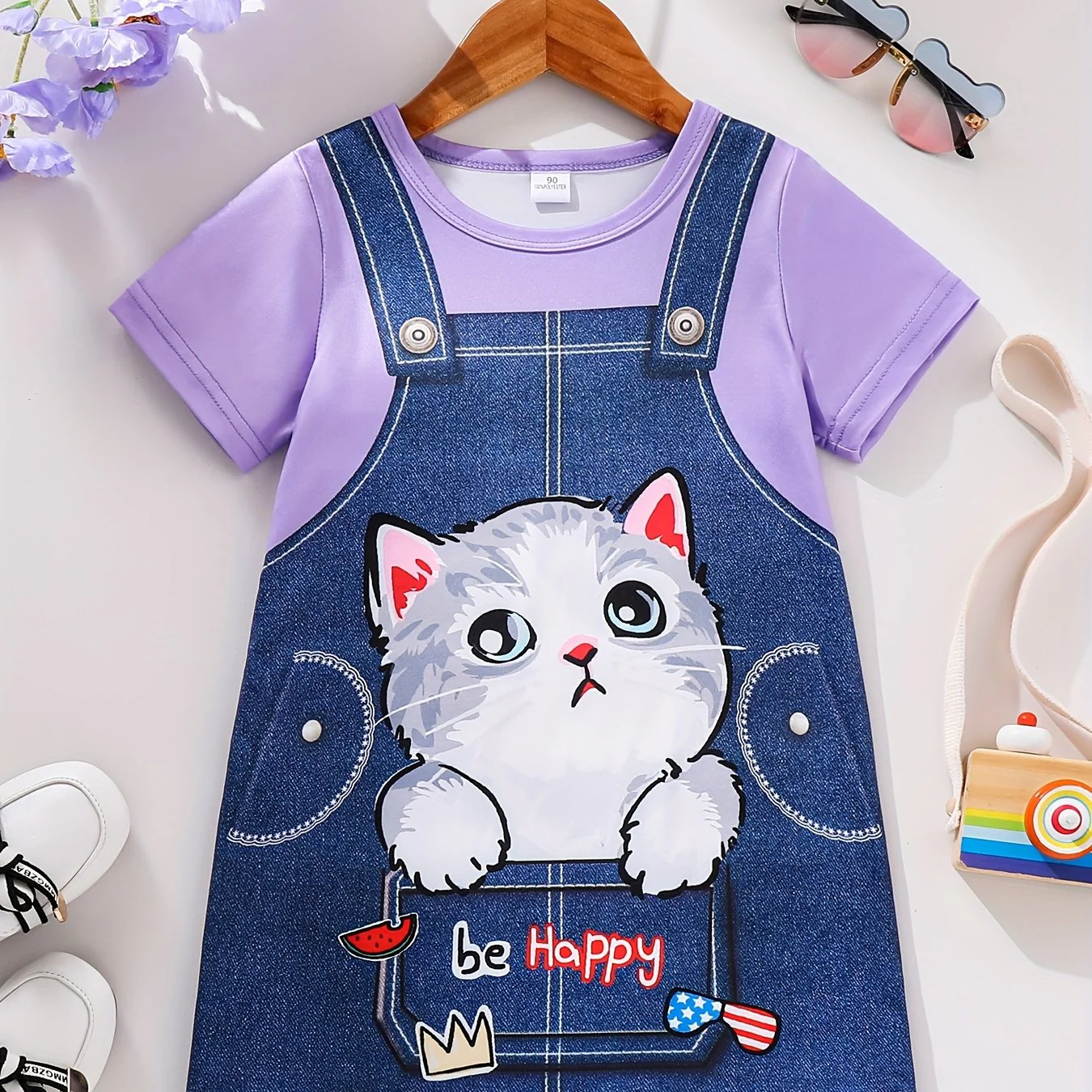 Girls Adorable 3D Cartoon Cat Graphic Round Neck Short Sleeve Dress - Soft Slight Stretch Polyester Fabric, Elegant Style, Machine Washable, Perfect for Spring, Summer, and Fall Daily Wear - Deanwangkt