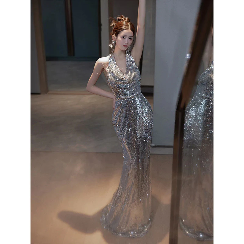 2025 Banquet evening dress  new silver sequined neck fishtail evening dress temperament bridal toast dress engagement dress - Deanwangkt