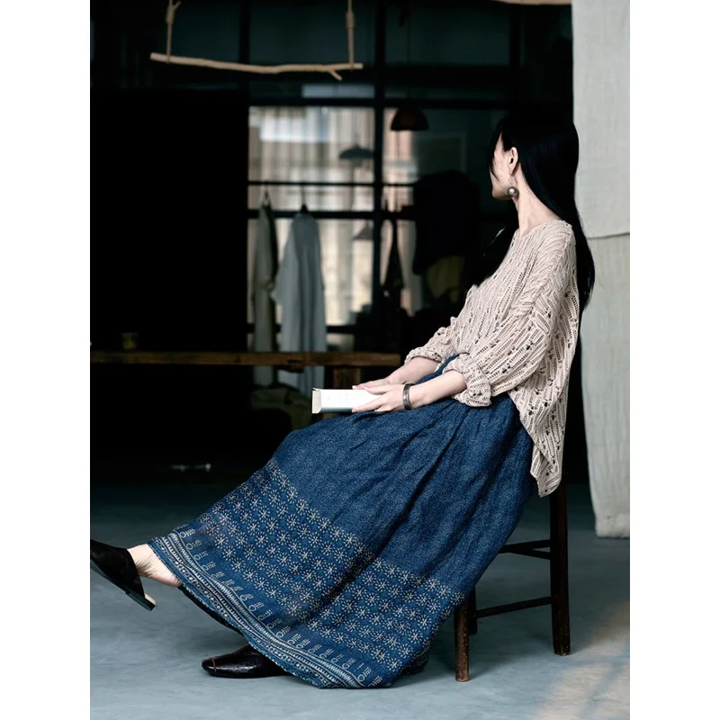 Double-layer spring and summer literary and ethnic style, retro and old blue splicing printing cotton and linen skirt - Deanwangkt