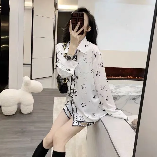 Women's turn down collar logo letter print loose satin fabric long sleeve blouse shirt SML - Deanwangkt