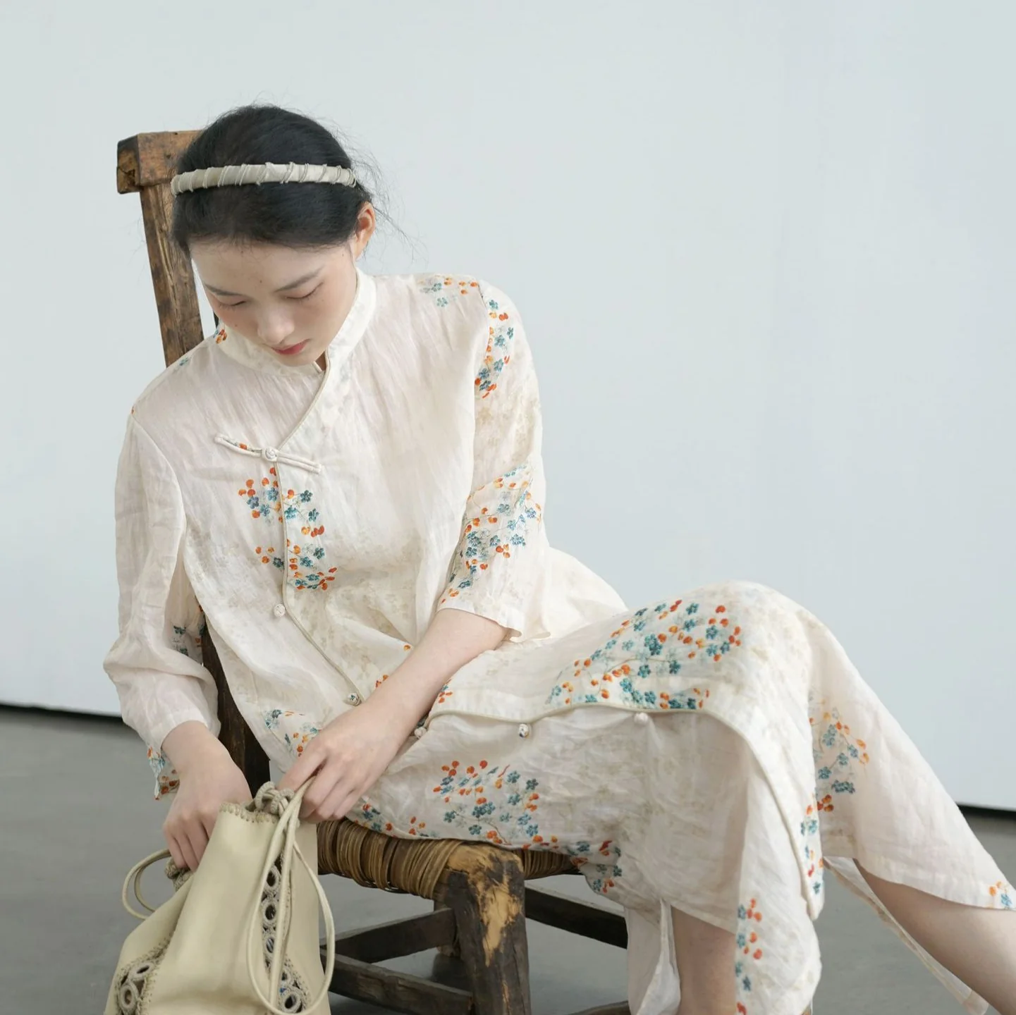 Original new Chinese improved cheongsam printed stand-up collar diagonal dress, Zen Chinese loose cheongsam L25056 - Deanwangkt