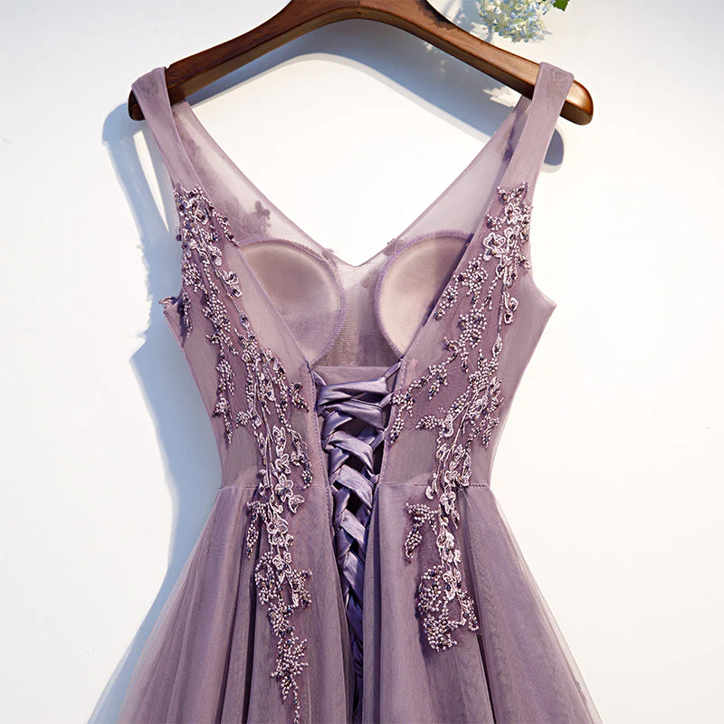 Solvbao Purple V-Neck Simple A-line Floor-length Appliques Bling Ruched Party, Formal Dresses Long Prom Dress - Deanwangkt