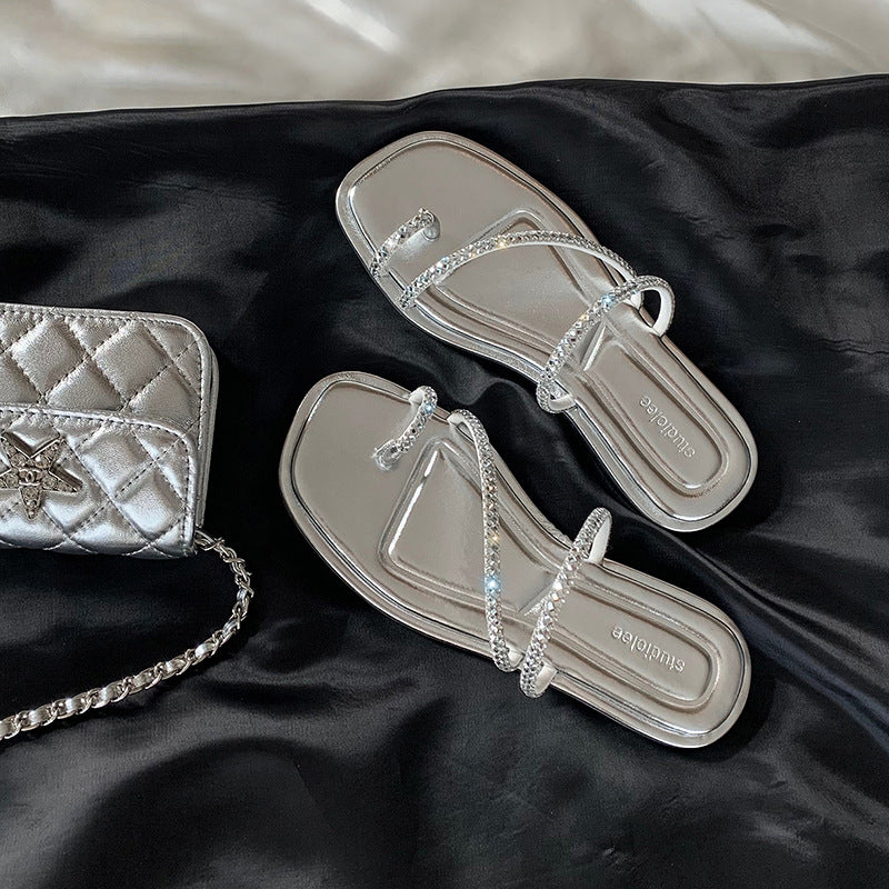 DEANWANGKT  Cowhide Version ~ Grape Mom's Same Rhinestone Toe Ring Slippers Women's Summer Outdoor Wear Fairy Style Flat Sandals 2025 - Deanwangkt