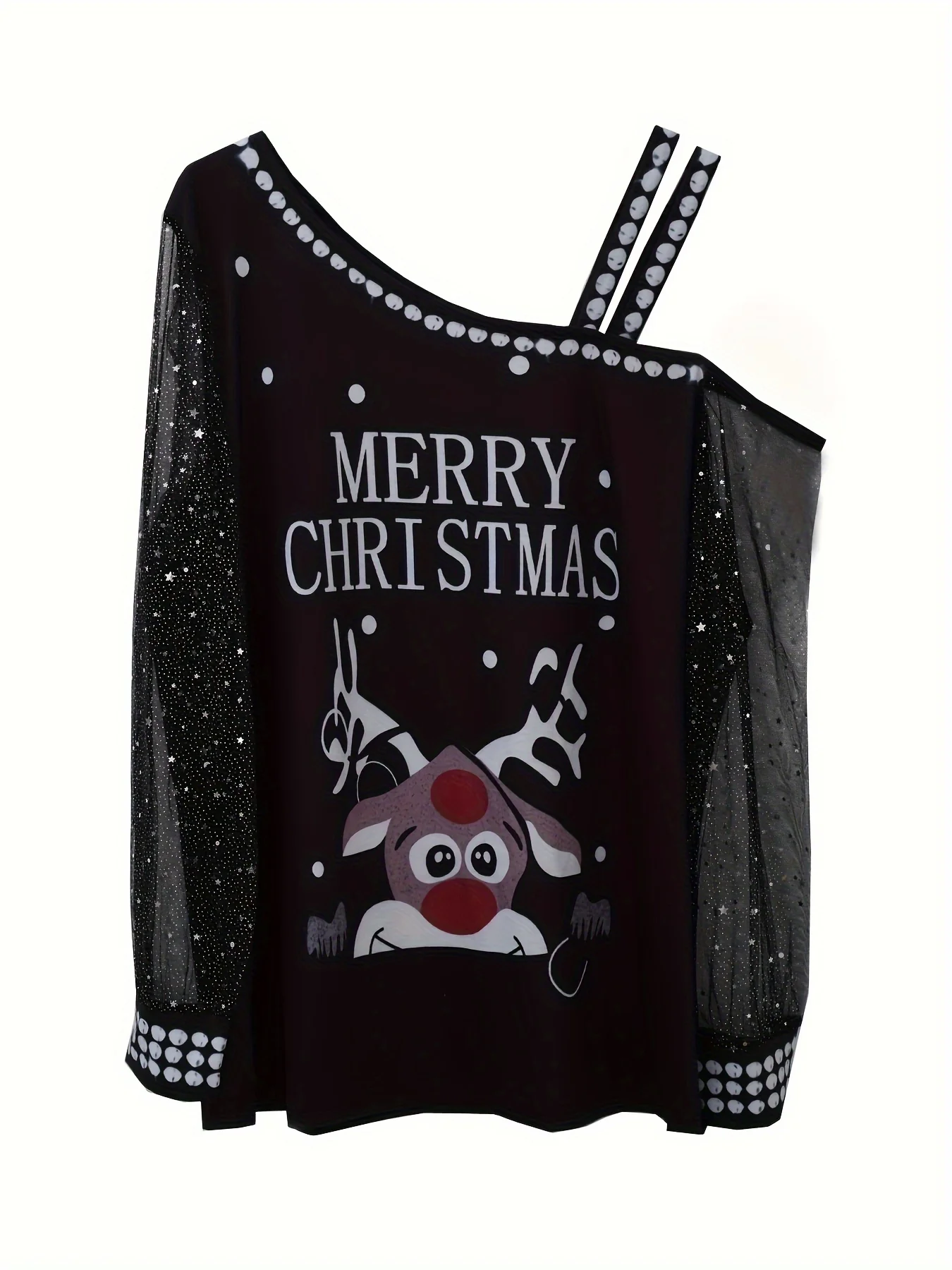 Plus Size Women's Christmas Off-Shoulder Mesh Panel T-Shirt - Casual, Stretchy Polyester Blend, Machine Washable - Deanwangkt