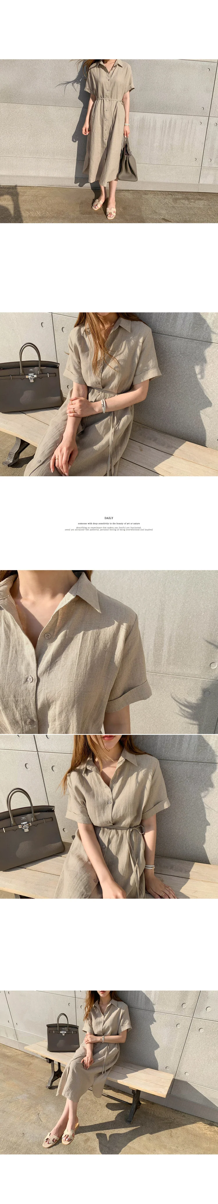 deanwangkt Korean Style Simple Loose Lace-up Waist-Tight Single-Breasted Short Sleeve Linen Shirt Dress Women's Clothing - Deanwangkt