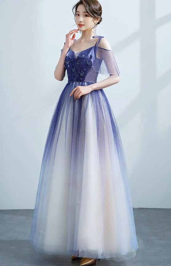 Solvbao Purple Tulle Gradient Straps Beaded Long Party Dress, New Style A-line Tulle Prom Dress - Deanwangkt