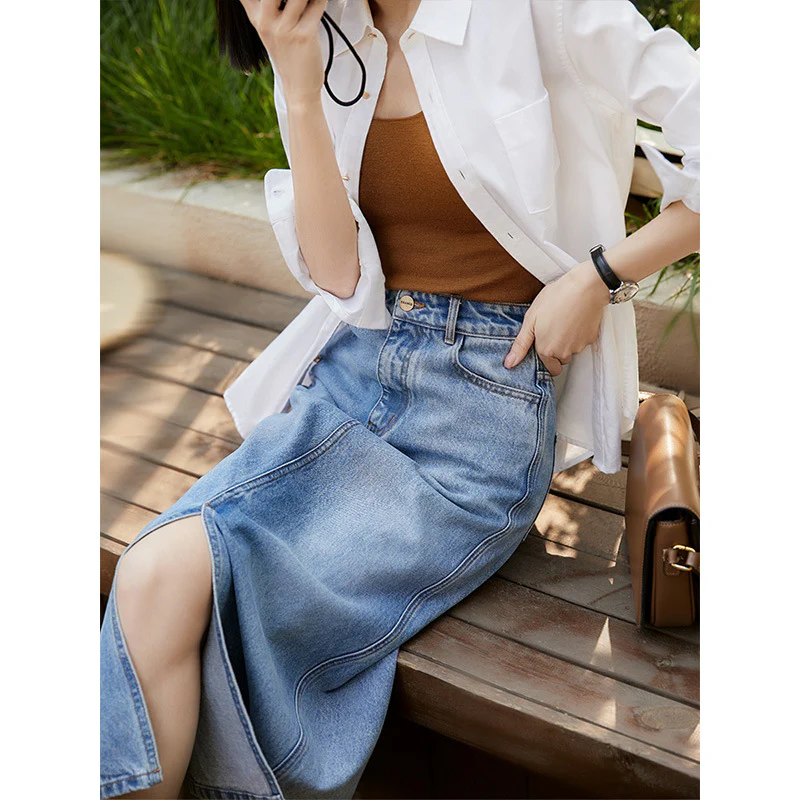 2025 Classic denim skirt Korean  modern split high waist thin cotton skirt, long skirt - Deanwangkt