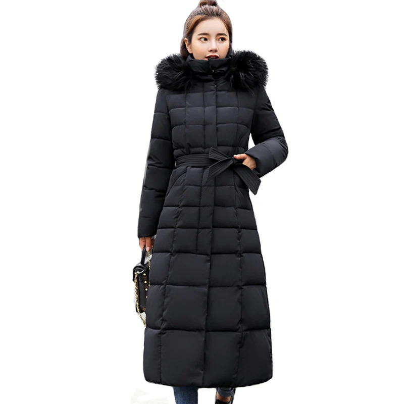 Long cotton-padded women's clothing European and American big fur collar winter coat loose belt cotton-padded clothes new thickened down cotton-padded jackets - Deanwangkt