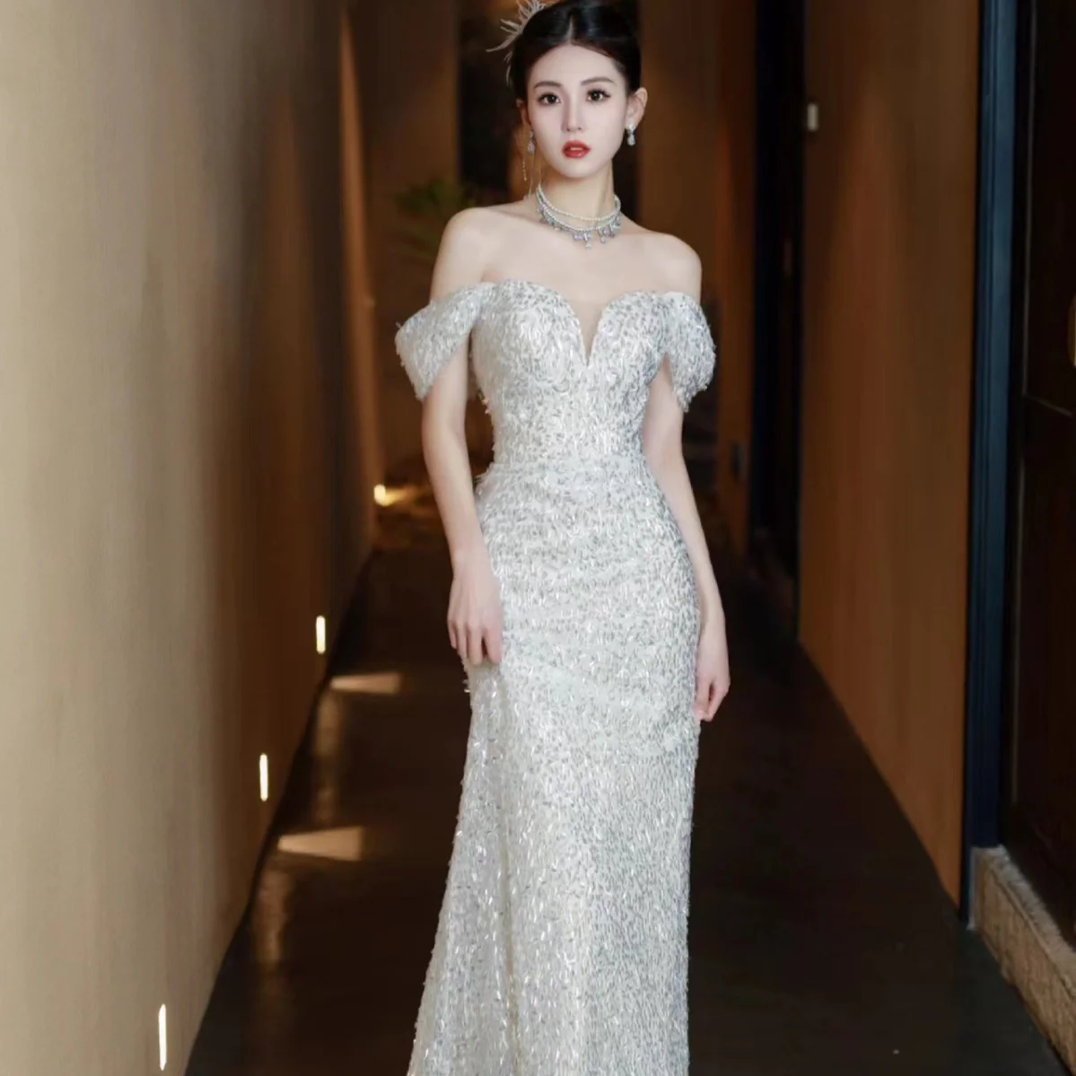 2025 One-word shoulder evening dress female banquet host temperament socialite bride toast dress light luxury fishtail dress - Deanwangkt