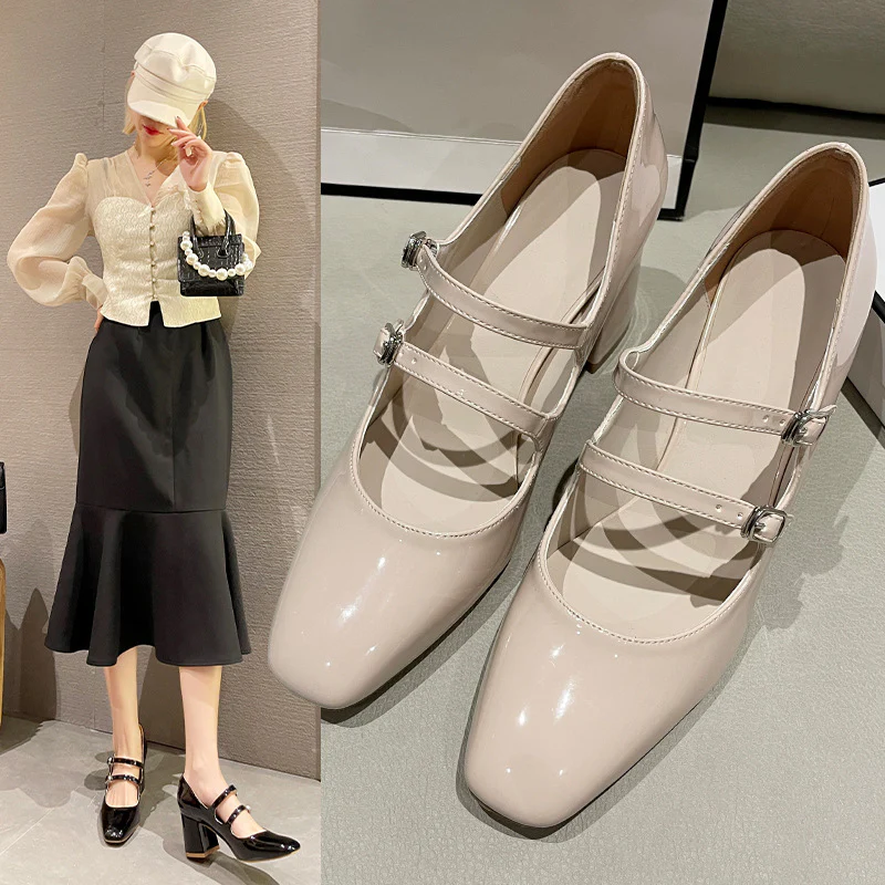 DEANWANGK  Vintage Patent Leather Square Toe Mary Jane Pumps Women's  Spring New British Style Buckle Chunky Heel High Heels - Deanwangkt