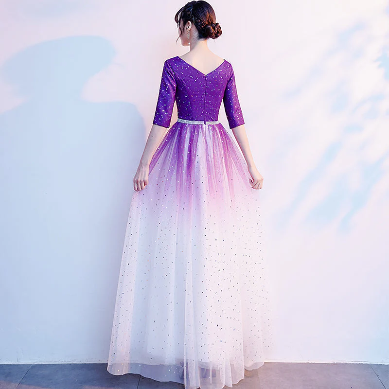 Solvbao Gradient Purple and White V-neckline Short Sleeves Party Dresses, A-line Floor Length Bridesmaid Dress - Deanwangkt
