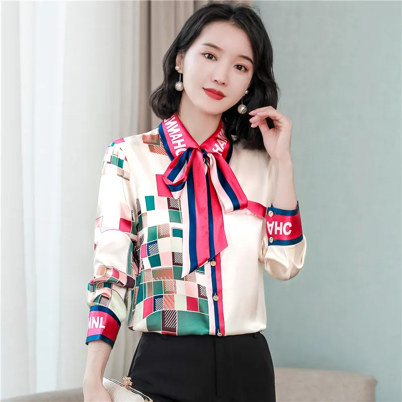 Women's Designer Floral Printed Shirt With Neck Bow Plus Size Elegant Long Sleeve Office Ladies Runway Silk Button Shirts Sweet Girl Chic Satin Blouses Red Tops - Deanwangkt