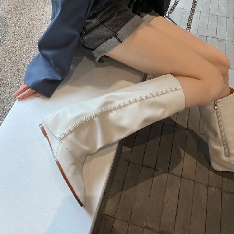 Autumn and Winter New Fashion Korean Style Pantyhose Boots below the Knee High Leg Boot Square Toe Wedge High Heel Pearl Boots - Deanwangkt