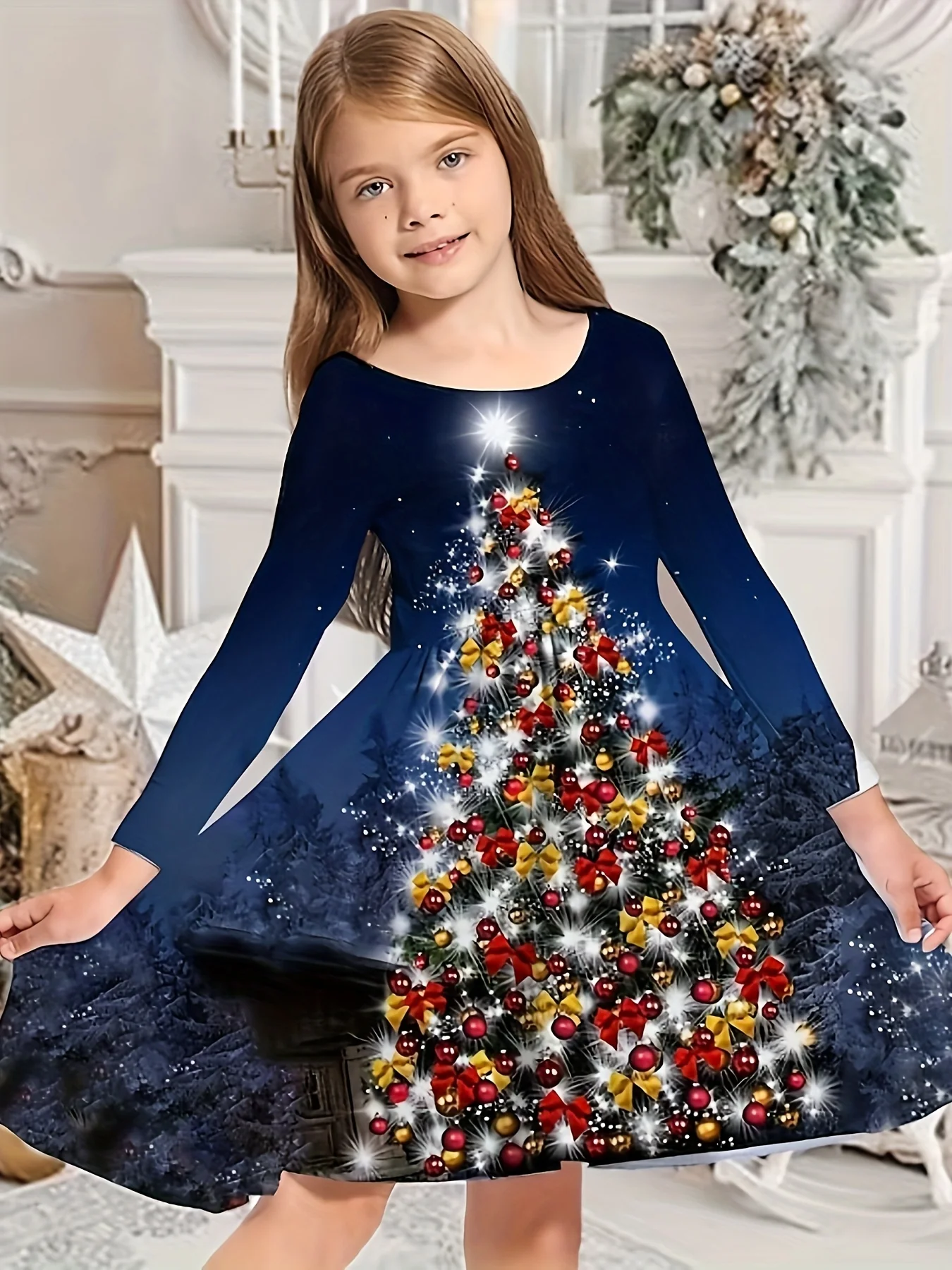 Girls' Festive 3D Snow Print Graphic Long Sleeve Dress - Activewear for Kids - Christmas Party Wear with Elegant Design and Comfortable Fabric - Deanwangkt