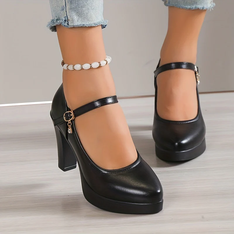 deanwangkt  Women's Chunky High Heels, Faux Leather Pointed Toe Ankle Strap Mary Jane Heels, All-Match Dress Shoes - Deanwangkt