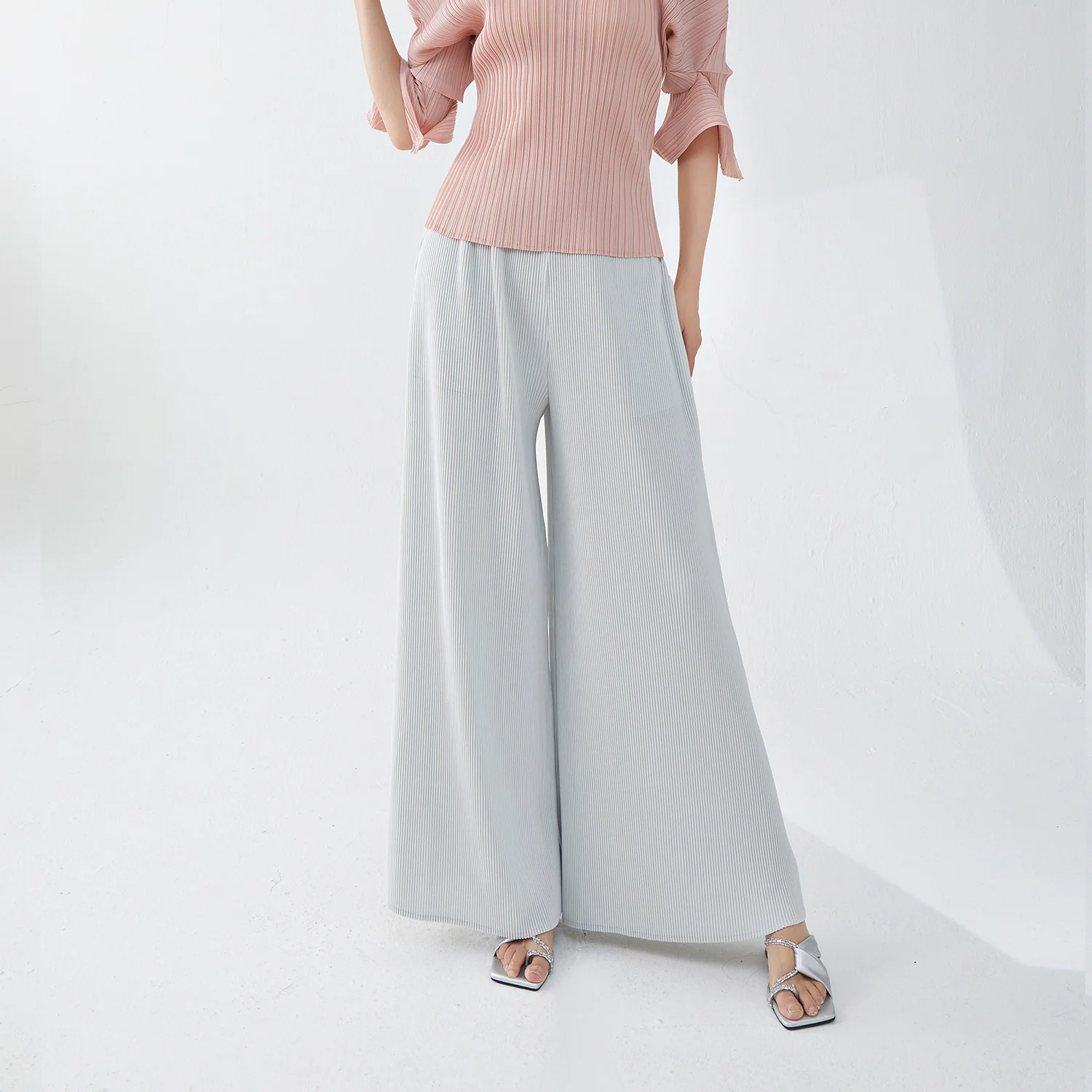 2025 Miyake wide-leg pants women's pendant feeling elastic waist loose large size meat covering and thin spring and autumn trousers versatile casual pants - Deanwangkt