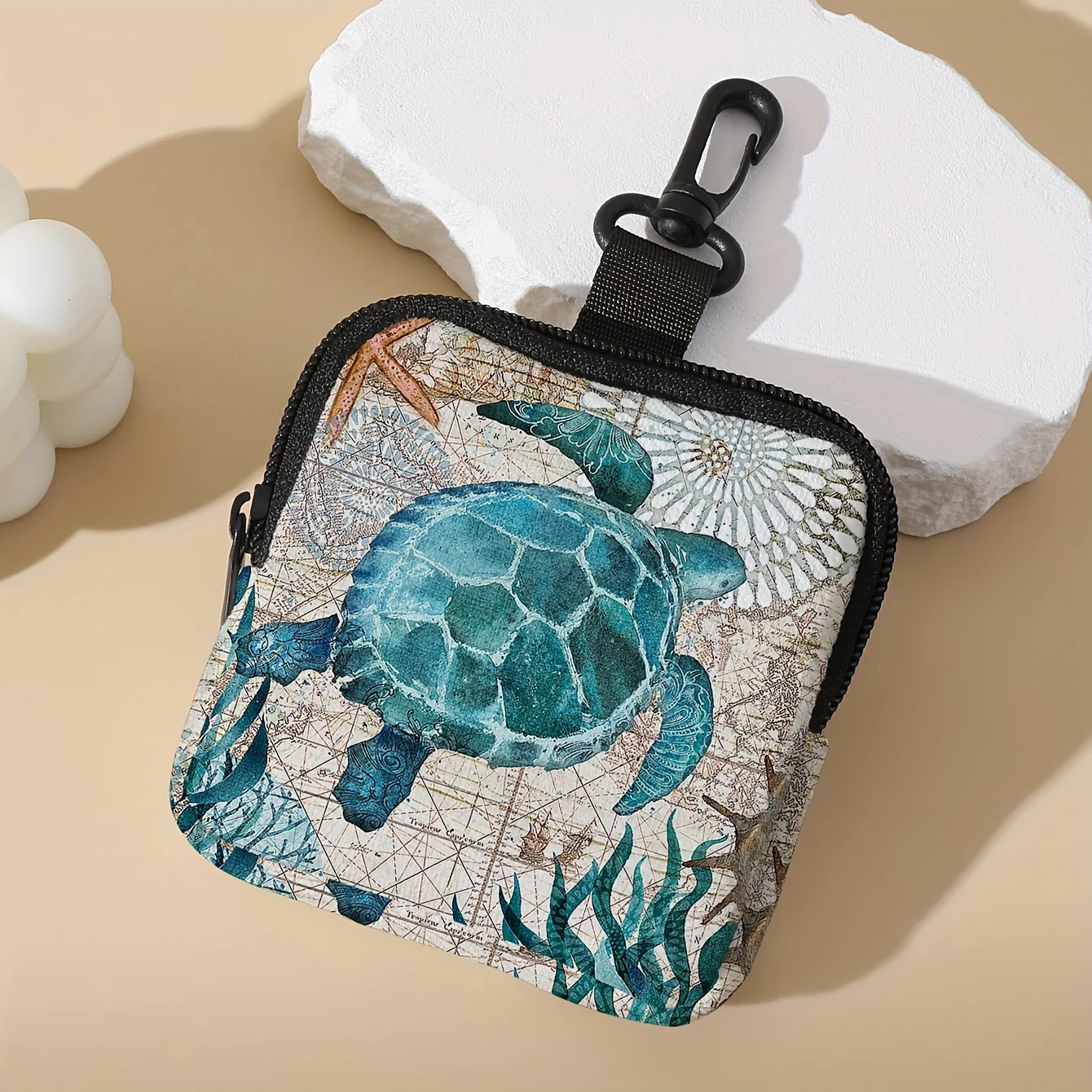 Multi-Pocket Turtle Print Hanging Coin Purse - Spacious Key Card Holder, Mini Earphone Storage Bag, Durable Polyester Material, Stylish Accessory for Daily Use - Deanwangkt