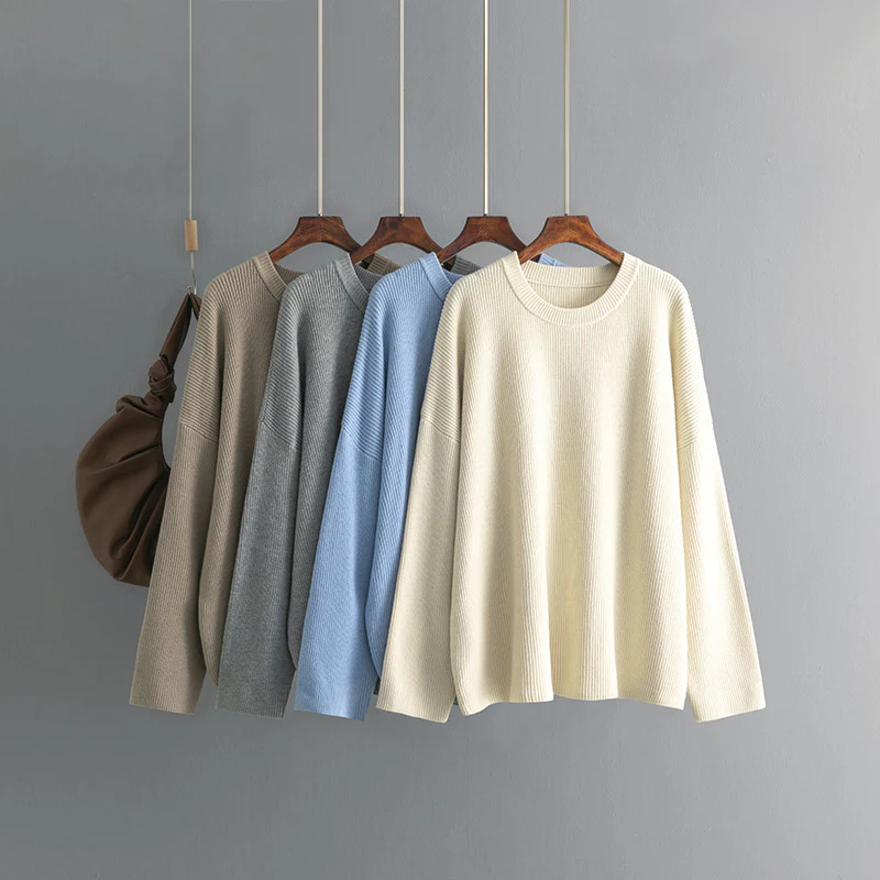 DEANWANGKT 2025 sweaters women's New autumn and winter new loose round neck solid color long-sleeved casual knitted sweater top women - Deanwangkt