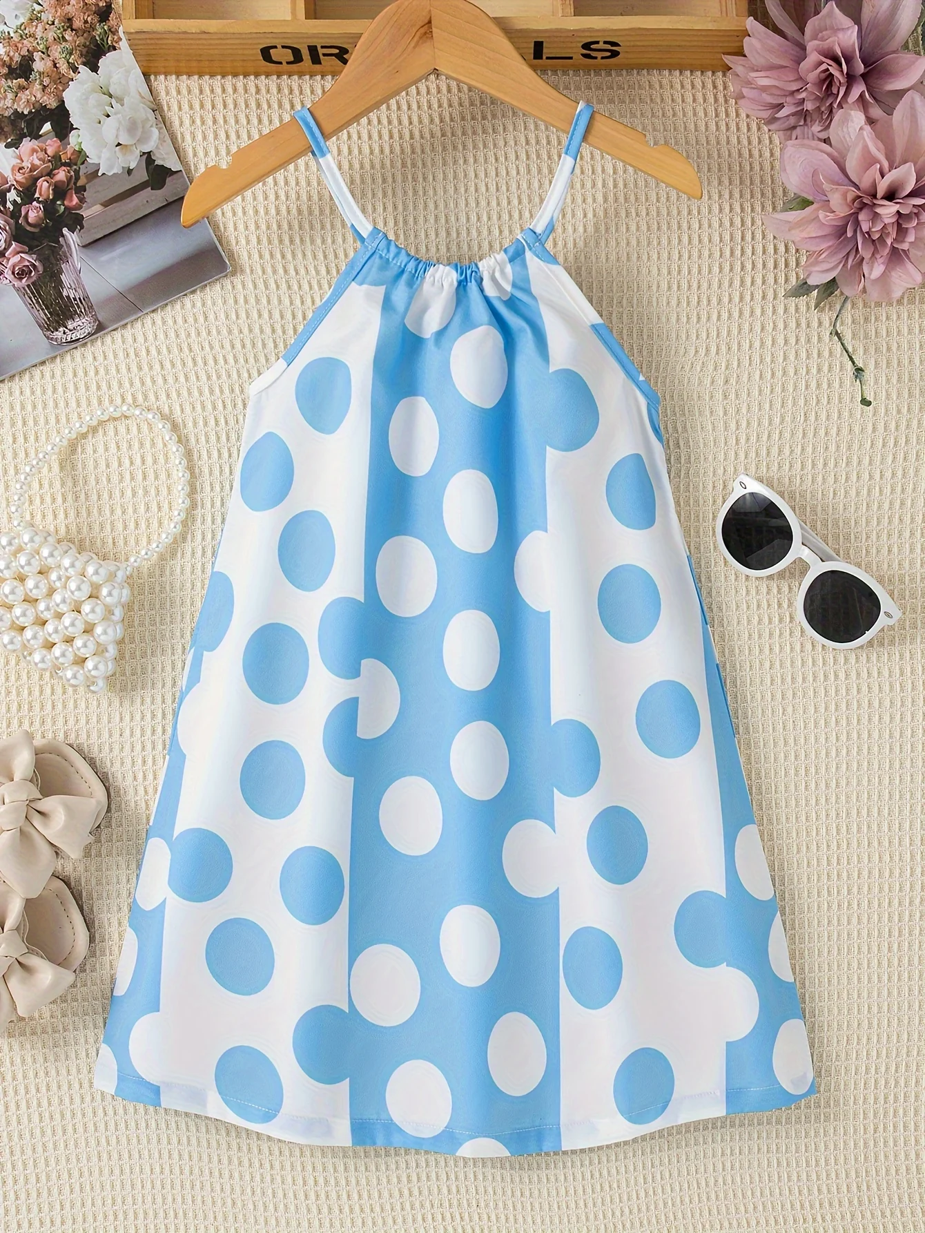 Girls Charming Polka Dot Summer Dress - Chic Thin Straps, Sleeveless, Vibrant Print, Regular Fit, Knee-Length - Ideal for Stylish Casual Outings - Deanwangkt