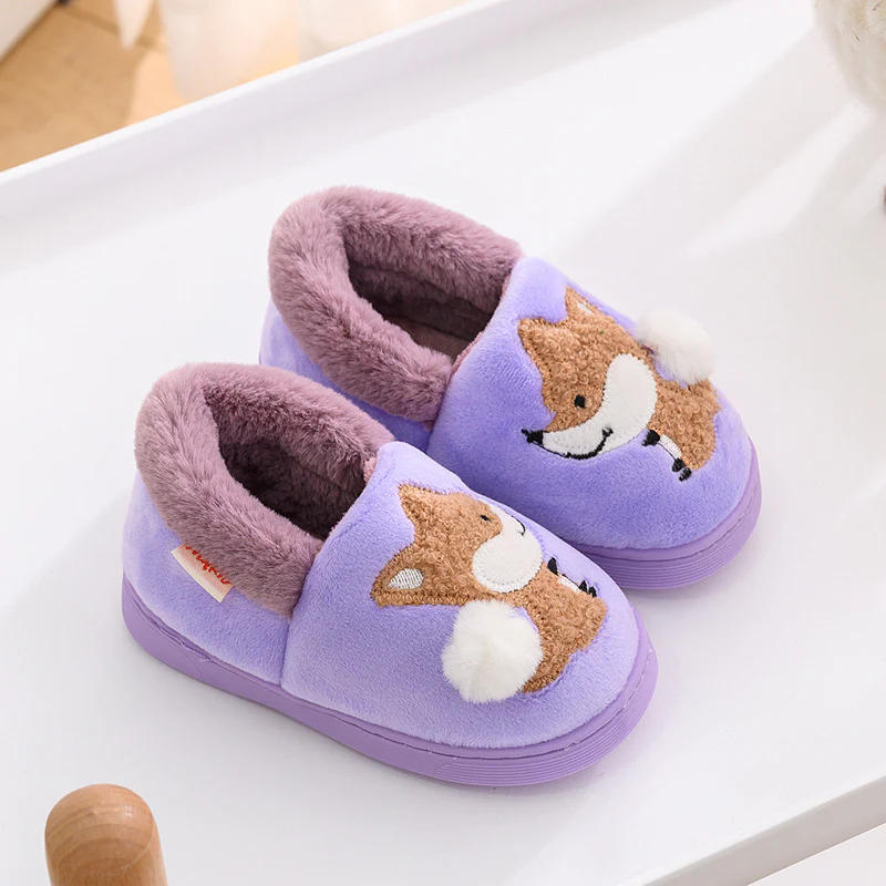 DEANWANGKT Boys and Girls Bag Heel Cartoon Fox Baby Fur Non Slip Cotton Slippers Winter Warm Children's Home Cotton Shoes - Deanwangkt