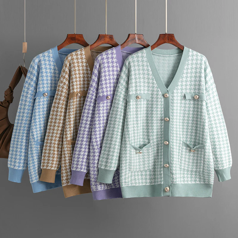 DEANWANGKT  new   sweater women's loose V-neck thousand bird grid long-sleeved knitted cardigan jacket contrasting colors - Deanwangkt