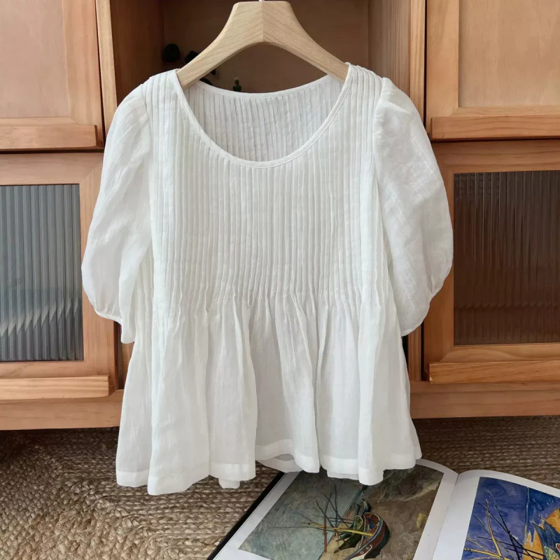 Small fresh mint mambo green heavy industry pleated craft wrinkled cotton and linen five-quarter sleeve short shirt women's summer new - Deanwangkt