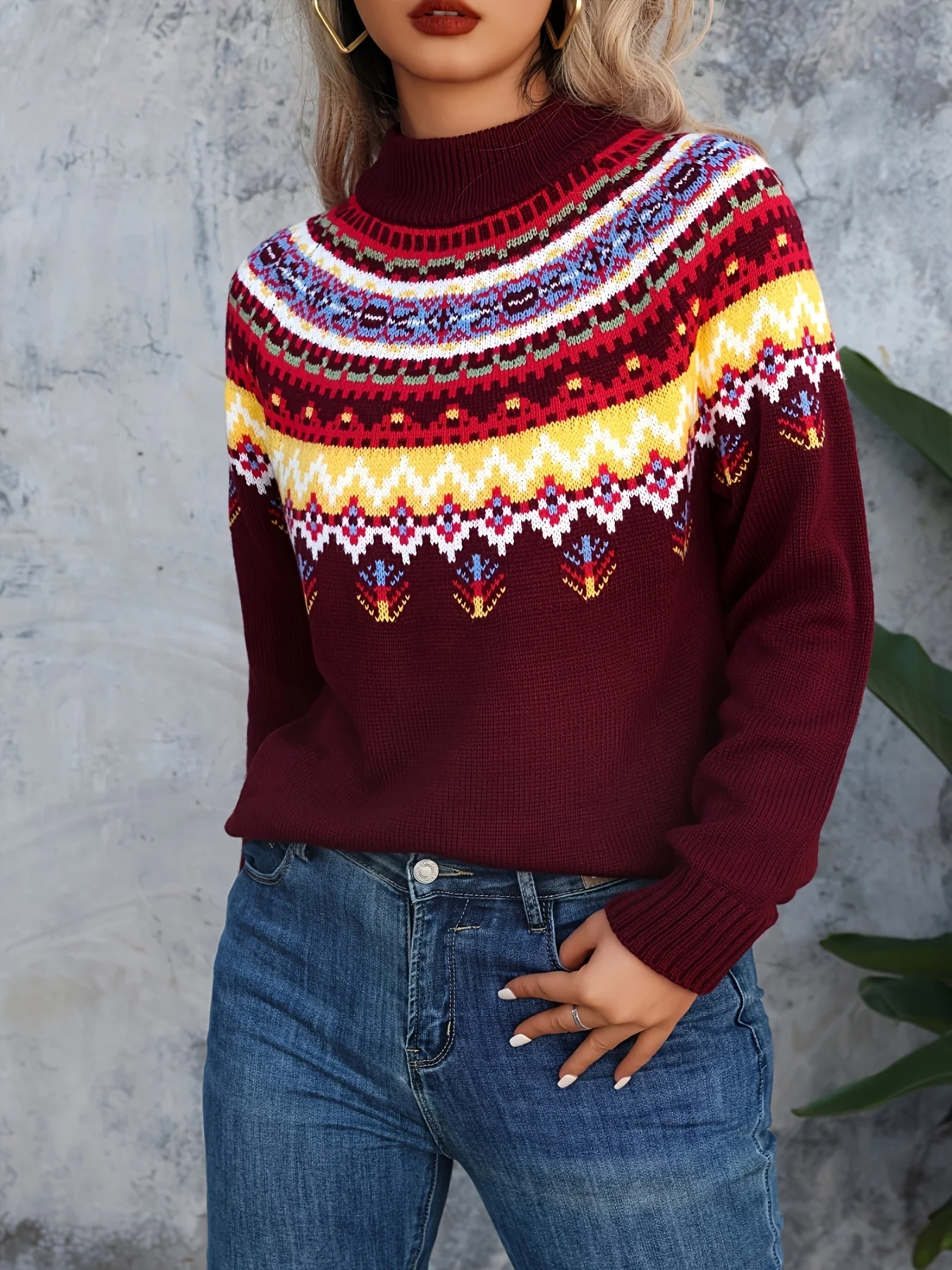 Women's Elegant Middle Eastern Style Acrylic Crew Neck Knit Pullover - Festive Snowflake & Wishing Tree Long Sleeve Sweater for Fall/Winter - Deanwangkt