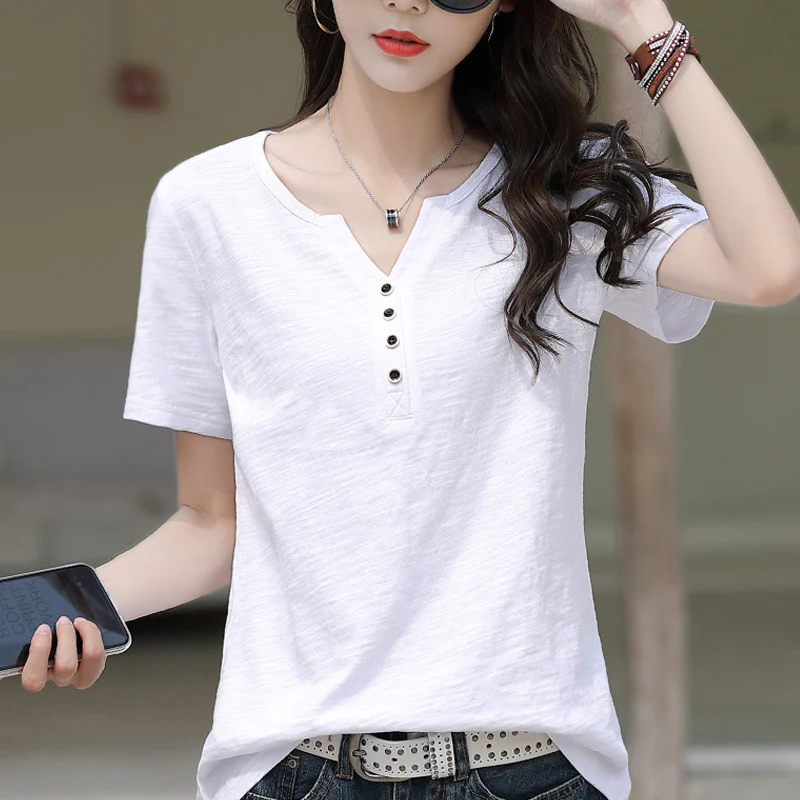 DEANWANGKT  100% Slub Cotton Summer New Pure Cotton Short Sleeve T-shirt Loose-Fitting plus Size V-neck Women's Half Sleeve T-shirt Jacket Undershirt - Deanwangkt