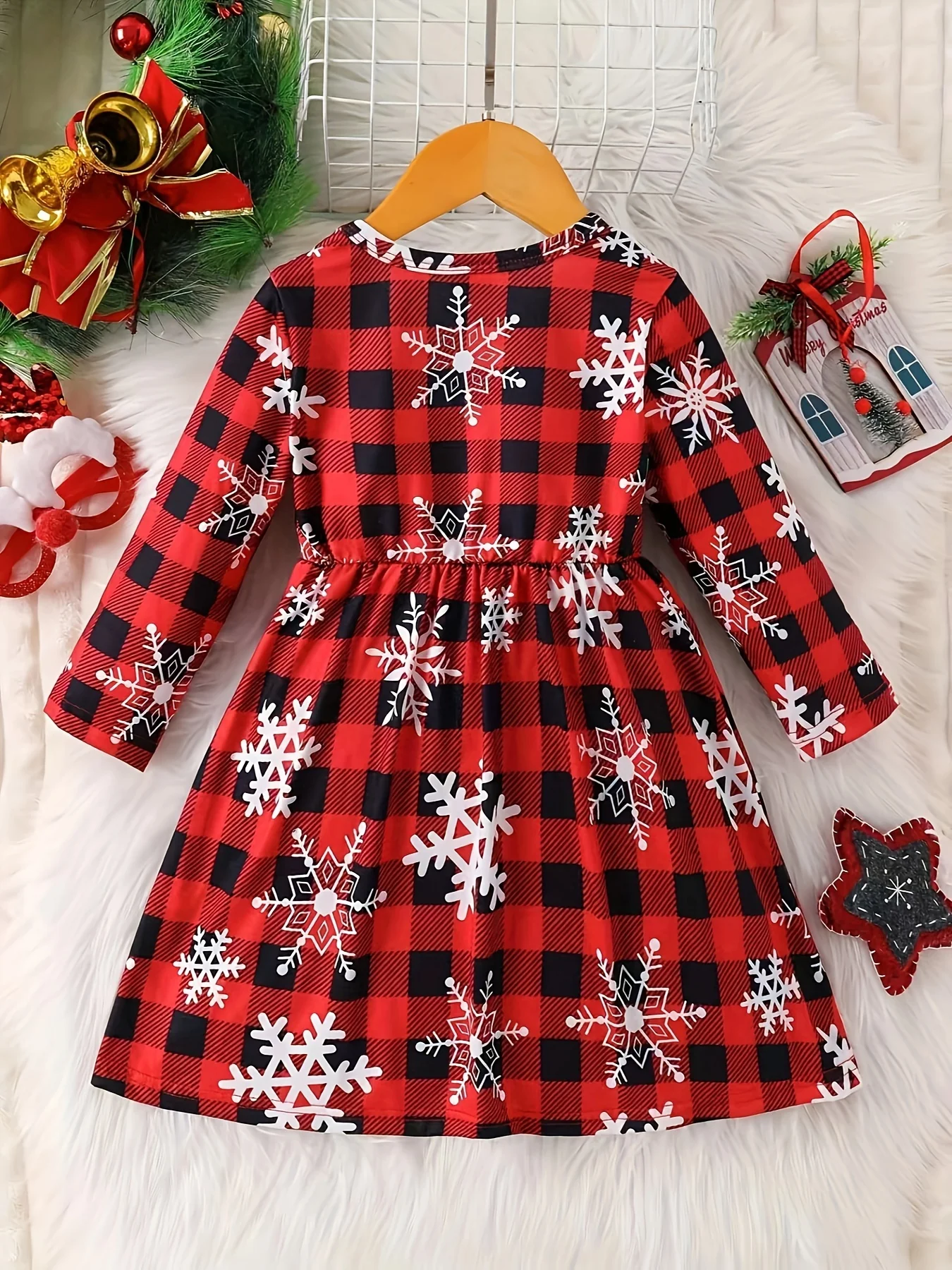 Snowflake & Christmas Plaid Print Girls Holiday Long Sleeve Dress - Comfy A-Line Party Casual Dresses, Spring/Fall Season - Deanwangkt