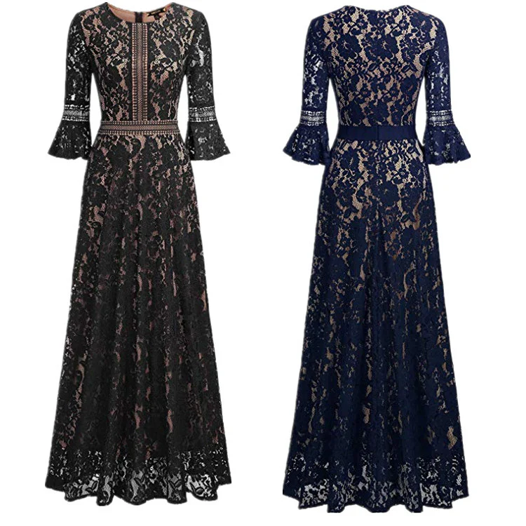 European and American New Summer  New Three-Quarter Sleeve Dress Hollow Lace Slim Lace Evening Dress - Deanwangkt