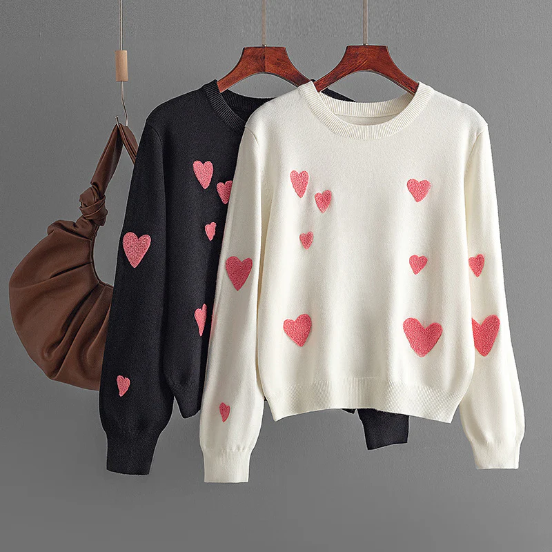 DEANWANGKT New autumn and winter new love flocking embroidery crew neck long sleeve knitted sweater pullover bottoming shirt top women - Deanwangkt