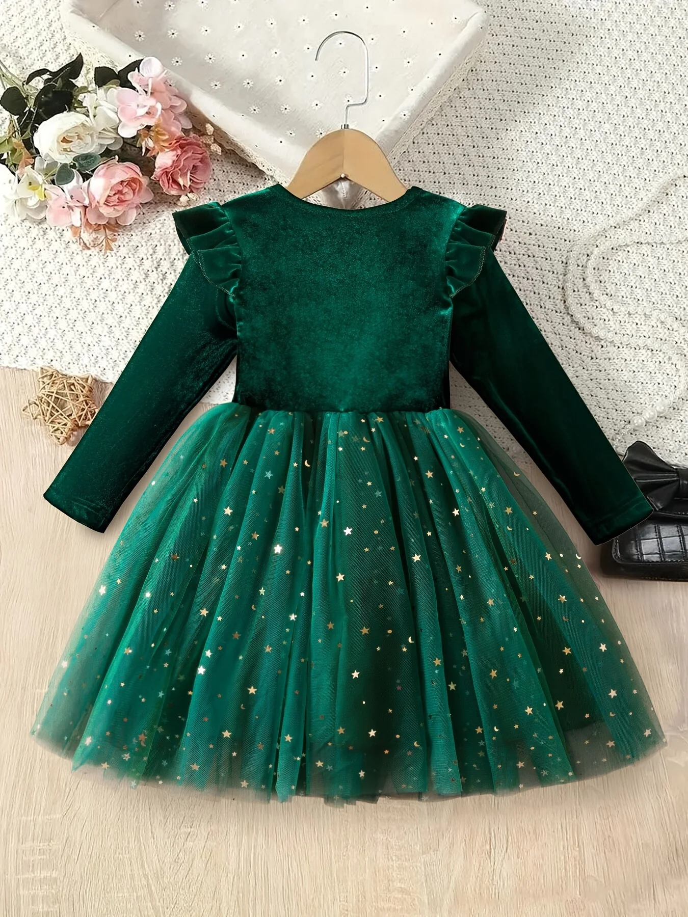 Girls' Elegant Long Sleeve Princess Dress, Cotton Blend with Mesh Contrast, Velvet Top, Perfect for Party, Holiday, Christmas - Spring/Fall Wear for Children Under 12 - Deanwangkt