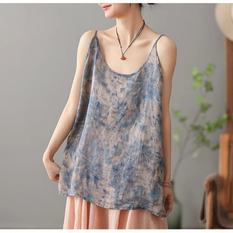 Large size sling vest women's summer  new fashionable versatile printing base sleeveless outer top fat MM - Deanwangkt