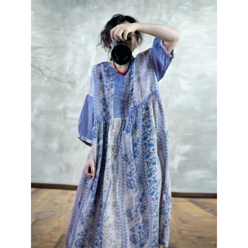 summer new literary and retro blue and white porcelain temperament v-neck temperament fresh printing fat MM dress - Deanwangkt